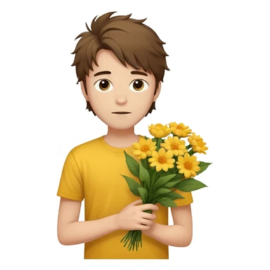 generate an ios genmoji of a 20 year old fair boy with brown long and messy hair with faint beard on cheeks. carrying a flower bouquet, wearing a yellow tshirt, looking shy.  sticker