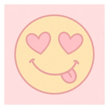 cute emoji, heart eyes, playful grin, pastel pink and yellow sticker