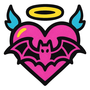 gothic heart with a bat motif, pop colors style, pink and black sticker