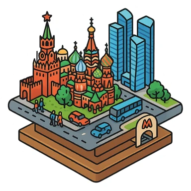 Изометричная миниатюрная 3D модель Москвы на подставке - фотореалистичный Кремль, собор Василия Блаженного, фотореалистичный Башни Москва-Сити, аккуратная детализация, четкие линии, яркие цвета, мультяшный реализм, гуляют люди и современный автотранспорт и метро, компактная композиция, вид сверху в изометрии, прозрачный фон sticker