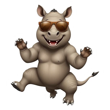 friendly anthropomorphised rhino jumping with excitement, wearing dark sunglasses, dynamic energetic pose sticker