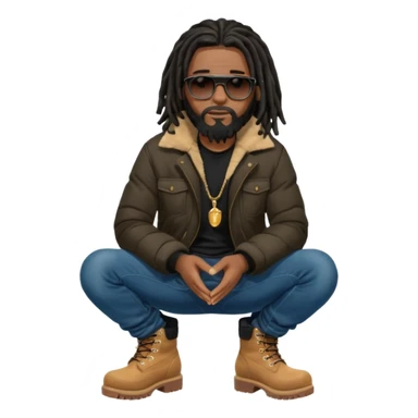 African American man with shoulder length black dreadlocks with black beard wearing black sunglasses wearing a black bubble winter coat  wearing denim skinny jeans and timberland boots praying on knees sticker