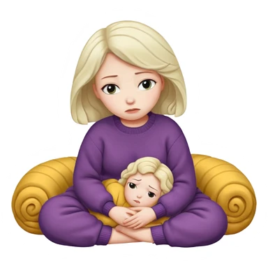 woman sitting curled up, sad face sticker