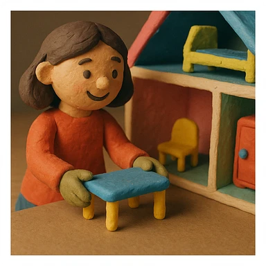 smiling girl arranging furniture in doll house sticker