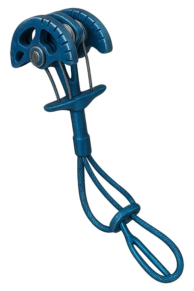 Trad climbing camming device in blue, metallic, with lobes and a stem, isolated on transparent background, realistic metallic texture and details sticker