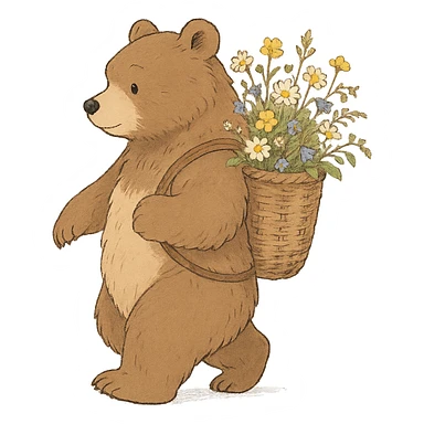 bear carrying a basket of wildflowers, soft pastel brown and cream, gentle and detailed ghibli style sticker