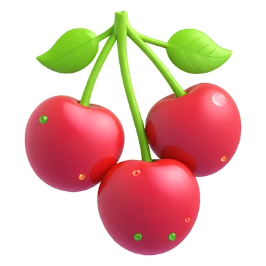 two cherries with green leaves connected by stems, sparkle effect, pink circles in the background, depth, shading, glossy finish, 3D iOS emoji style sticker