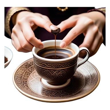 An empty Turkish coffee cup sitting on a saucer, with dark coffee grounds forming intricate and mysterious patterns inside the cup. The cup has been turned over, leaving a distinct ring of coffee residue on the saucer. A fortune teller’s hand is gently lifting the cup, revealing hidden symbols and shapes in the leftover grounds, creating a mystical and intriguing atmosphere sticker