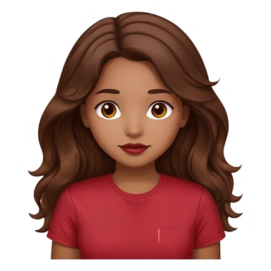 Light brown girl with long wavy brunette hair and blush, wearing dark red tshirt sticker