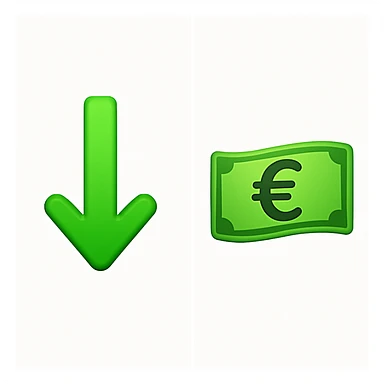 Create two separate images side by side. On the left, a single green downward arrow with one arrowhead and clear space around it. On the right, a single green banknote featuring a Euro sign. Both images should be simple, clean, and in classic Apple-style emoji style, matching the reference drawing's clarity and separation. sticker