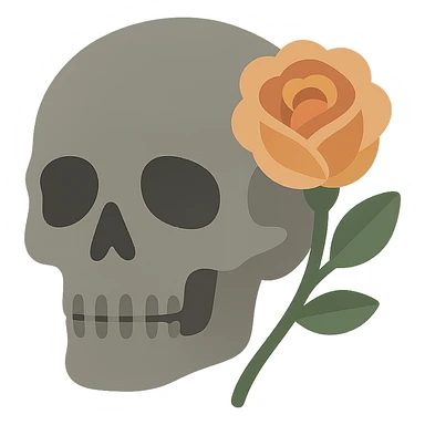 A dark, light grey skull with sharp, angular features and a mysterious, haunting aura, featuring a rose delicately placed in one of its hollow eye sockets. The skull is in shades of grey, accented with soft tones of golden orange (FA9B41), forest green (4A7C5C), muted taupe brown (96775A), and pastel peach (FFCC9A). The rose, vibrant in its peach and orange hues, contrasts with the cold, eerie grey of the skull, its petals unfurling gently around the eye socket. The background is dim and shadowy, with a faint, mystical glow illuminating the skull and rose, adding to the gothic and slightly surreal atmosphere. The scene feels both haunting and beautiful, with a touch of elegance. sticker