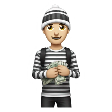 guy with white skin, mild stubble, dark grey beanie, black eye mask, black-and-white striped full sleeve and holding money bag on his left shoulder sticker