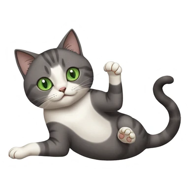 dark grey cat with green eyes, white toes/paws and white patch on her chest playfully rolling upside down sticker