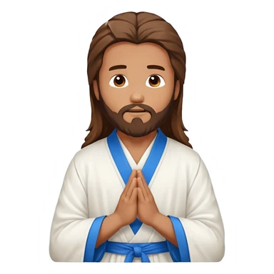 tan man with brown long hair and beard in a white robe and blue sash praying sticker