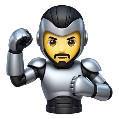 AI robotic fighter emoji, metallic face, punching glove, cyber glow, trimmed beard, medium-length black hair, short sides, hair forward. sticker