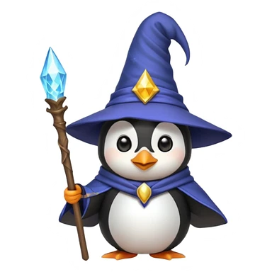 cute penguin dressed as a wizard, pointy hat, magic staff, emoji style sticker