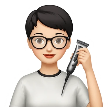 Happy woman with very short hair and glasses having haircut sticker