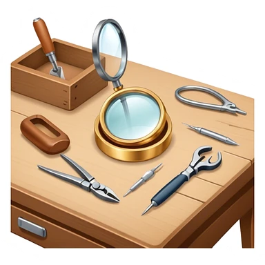 Create an icon that represents the art of jewelry making. The design should feature 1-2 pieces of jewelry, such as a ring or necklace, in progress. Include a small workbench or table, a magnifying glass, and tools like pliers and tweezers. The composition should feel elegant and detailed, showcasing the precision and skill involved in crafting jewelry. The background should be transparent. sticker