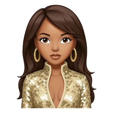 LeToya Luckett from Destiny's Child with long dark brown hair, cream sequin outfit sticker