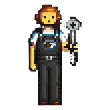Technical pixel art badge with colorful stick figure holding car tool key sticker