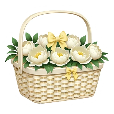 White Picnic basket with pastel yellow bow and white peonies inside sticker