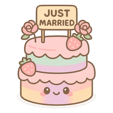 rainbow wedding cake with strawberries, pink roses, 'Just Married' topper, kawaii style sticker