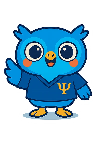 Make the baby owl wearing a bluish psychology scrub look more commercial and attractive to attract clients: add a big smile, bright and expressive eyes, friendly posture, and welcoming gesture, in a vibrant and modern style, transparent background. sticker