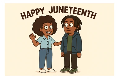 A woman Kinky hair light blue shirt blue jeans white shoes boy Dreadlocks dark brown hair green shuts navy blue zip up hoodie black jeans green shoes Bob Marley Vanessa Nakate Mae Jemison Happy JUNETEENTH sticker