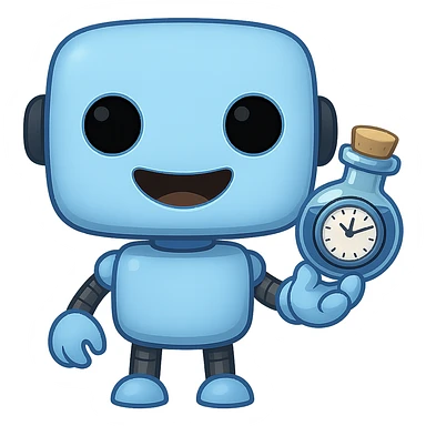 Replace the flower in the robot's hand with a time elixir bottle. Keep the rest of the image the same. The robot is light blue (#b0f2f8) and cute. The style should resemble apple emoji style with a transparent background. sticker