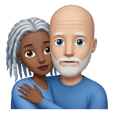 Tall bald white man with a white beard and blue eyes in a lovingly embrace with a black woman with brown eyes and grey hair dreads sticker