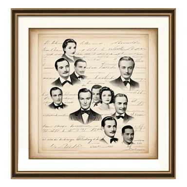 Icon for Autograph Collecting: several vintage framed with signatures of famous celebrities sheets stacked one on top of the other, each . The icon should evoke the charm and history of collecting autographs. Transparent background. sticker