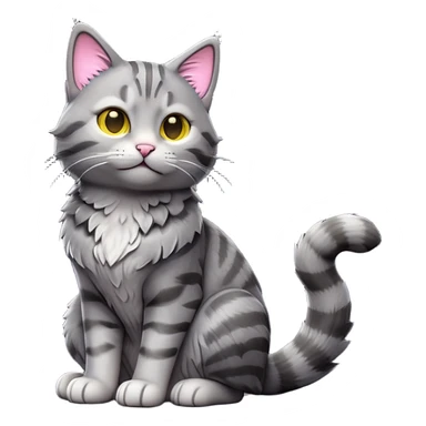 cinematic-[grey tabby cat]-realistic-full-body-sitting-emoji,-tail-curled-playfully-around-its-paws,-head-tilted-dramatically,-scruffy-[grey]-fur,-simplified-yet-realistic-focused-features,-highly-detailed,-glowing-with-an-almost-sarcastic-glow sticker