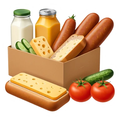 a box of groceries, sausage, cheese, canned meat, herbs, milk, tomatoes, cucumbers, and a loaf of bread sticker