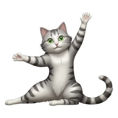 grey and white cat with green eyes doing a big extremely long stretch reaching up into the air with arms and legs side by side together straight and overextended whilst lying on its side sticker