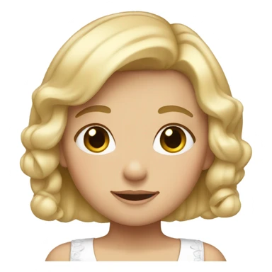 A short girl with short blonde hair and a white bow sticker