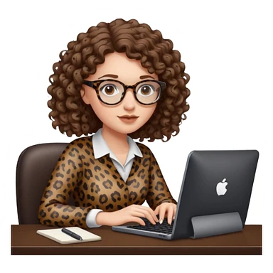 a white young woman with curly brown hair typing in a computer, she's using dark brown leopard glasses and clearly writing something sticker
