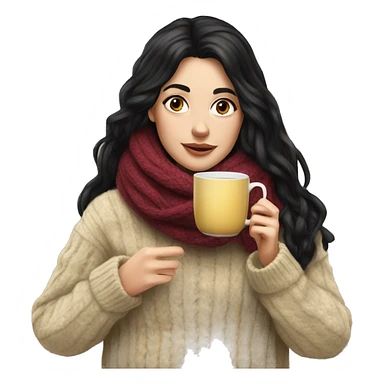 White girl black hair in a sweater and scarf sipping tea  sticker