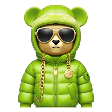 geometric bearbrick in lime balaclava with brand logos, luxurious puffy winter jacket with fur collar, futuristic one-piece shield sunglasses, multiple gold chains, hip hop style sticker