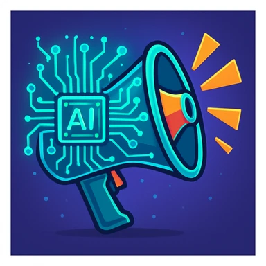 glowing circuit board forming a megaphone, blending AI and marketing concepts, sleek futuristic look, vibrant toon style sticker