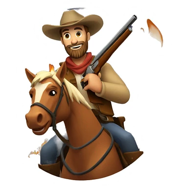 bearded man in cowboy hat riding on a horse in front of a campfire holding a shotgun sticker