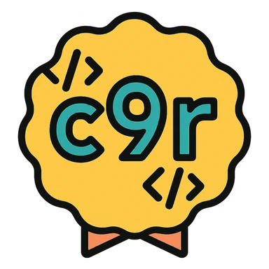 emoji representing 'c9r' text in modern tech-inspired style with coding and badge motifs sticker