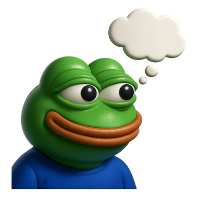 make a pepe in bright green smiling with thought bubble looking at right side in 3d style, good highlights and shadows, drop shadows sticker