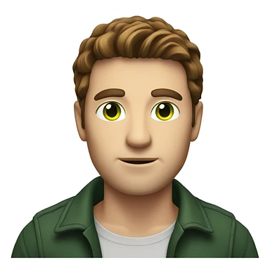 A man with green eyes, brown hair,  holding bitcoin sticker