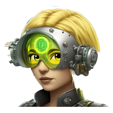 Caucasian female cyborg head with Neon yellow bobbed hair, silver steampunk goggles and circuits sticker