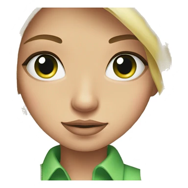 Pretty long blonde hair, green eyes, long eyelashes and a pink shirt sticker