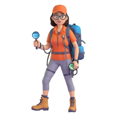 Very happy excited woman in her 40s with glasses wearing sporty outfit, hiking boots, and backpack, holding a magnifying glass sticker