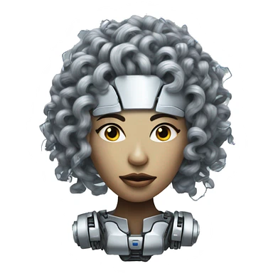 Silver curly hair female cyborg head with mask and circuits sticker