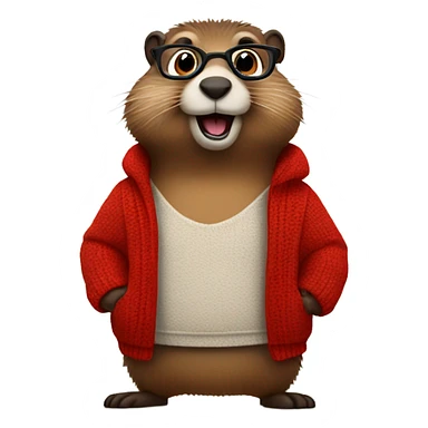 cute groundhog in a fully red sweater and glasses full body shown sticker