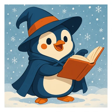 Add a snowy background behind the chubby penguin wizard, keeping the playful style. sticker