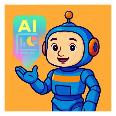 Make the sentient AI robot look more human, with a softer face, human-like skin tones, and expressive eyes, keeping the colorful cartoon style. sticker